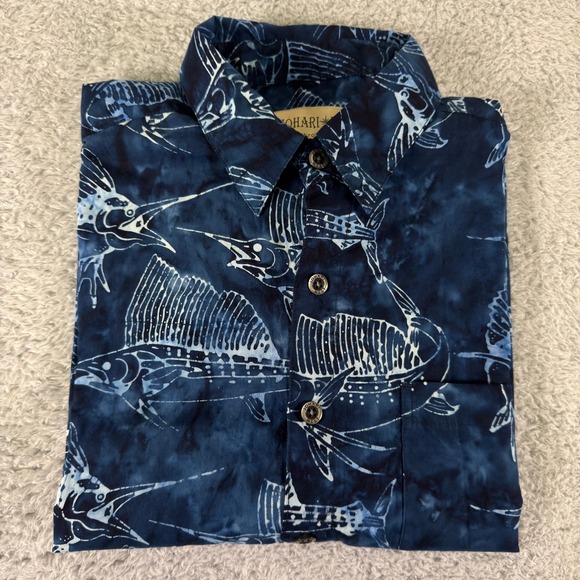 Johari West Mens Batik Sailfish Blue Cotton Hawaiian Button Down Shirt XLT NWT - Picture 6 of 8